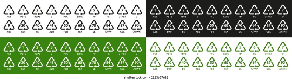 Símbolos de reciclaje de plástico. Símbolos de plástico reciclado. Icono de pp, pet, hdpe, code, ldpe y pvc. Logotipos triangulares para seguridad y ecología. Iconos verdes, negros y blancos. Vector.