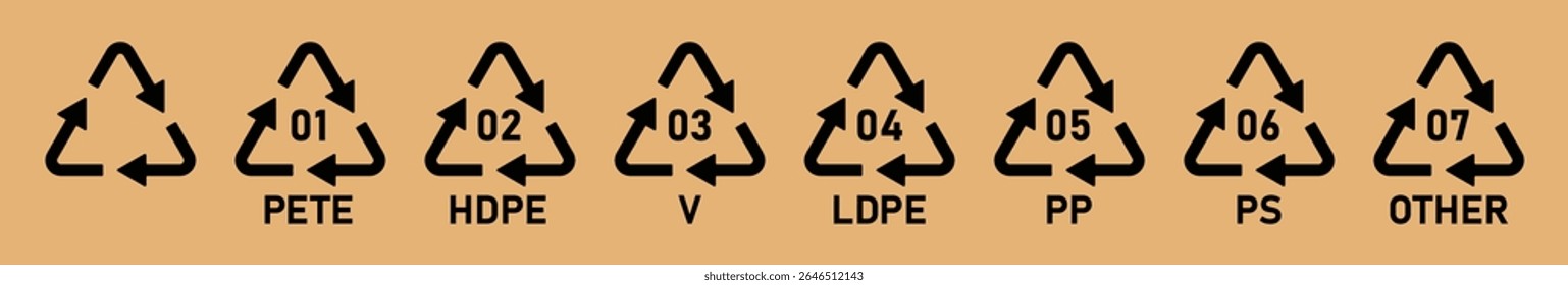 Plastic recycle symbols set, PET, HDPE, PVC, PP, PS, other types. Codes 1 to 7 in black color, plastic recycling labels, eco icon vector collection on brown background.