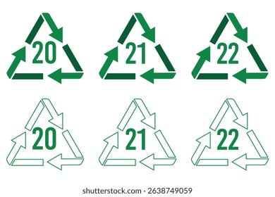Plastic recycles icons collection. Recycle plastic vector set in triangular shape. Collection of recycling codes.