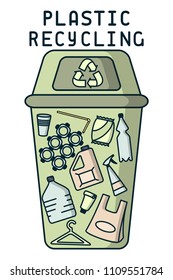 Plastic recycling card with garbage and dumpster. Linear style vector illustration. EPS10