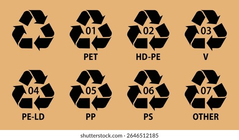 Plastic recycling code symbols 01 to 07, PETE, HDPE, PVC, LDPE, PP, PS, OTHER icons on brown background. Recycle symbols for plastic Identification, Eco waste sorting, Vector illustration.