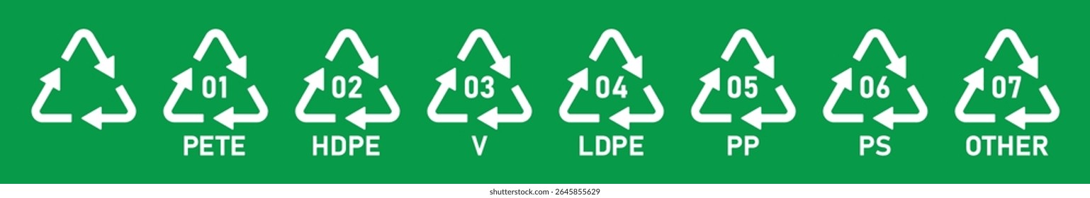 Plastic recycling code symbols 1 to 7, PET, HDPE, PVC, PP, PS, other types. Reuse plastic recycle icons, labeled code set, eco vector illustration on green background.
