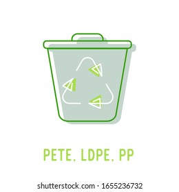 Plastic Recycling Codes PETE, LDPE and PP Icon with Litter Bin and Rotating Arrows Sign. Environmental Conservation, Sorting and Segregation of Trash, Wastes Ewcycle and Reuse Vector Illustration