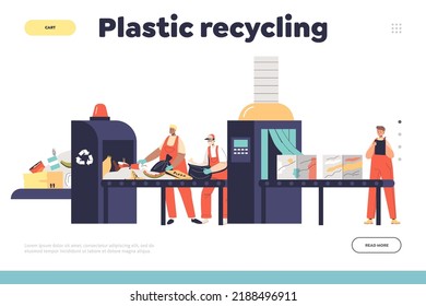 Plastic recycling concept of landing page with workers in uniform sort litter at garbage conveyor. Waste sorting and separating plant process. Janitors reuse trash. Cartoon flat vector illustration