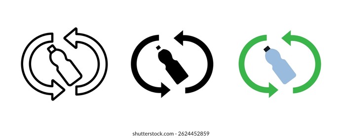 Plastic recycling icon. Bottle surrounded by circular arrows vector illustration. Symbol of sustainable waste management, environmental protection and eco-friendly packaging practices.