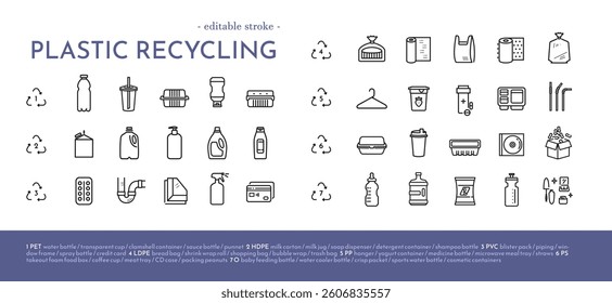 Plastic recycling icon set in line style structured by plastic type. Editable stroke. Collection of pictograms for web design. Items you can recycle: food and drink packaging, disposable bags, etc