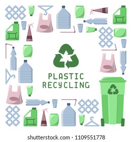 Plastic recycling illustration with garbage, dustbin and inscription. There is a place for your text. Flat style vector illustration