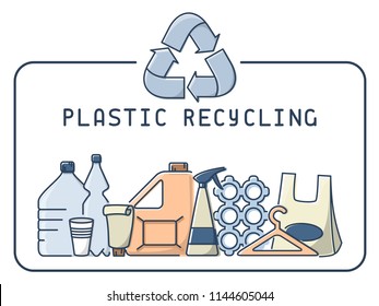 Plastic recycling illustration with trash and lettering. Linear style vector illustration. EPS10