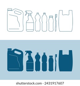 Plastic Recycling Items, jerry can, spray bottle, plastic bottles, tooth brush and plastic bag, line and fill icon set