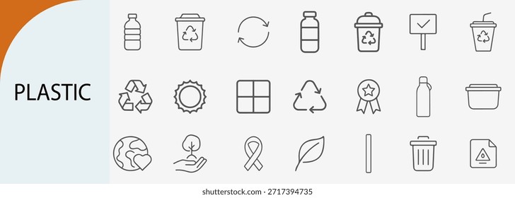 Conjunto de iconos de línea de plástico y reciclaje, Vector plano, gestión de residuos ecológica y símbolos ambientales