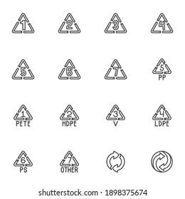 Plastic recycling line icons set, outline vector symbol collection, linear style pictogram pack. Signs, logo illustration. Set includes icons as resin identification, recycling plastic type code 