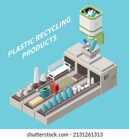 Plastic Recycling Process Isometric Concept With Various Products And Packagings On Conveyor Line On Blue Background 3d Vector Illustration