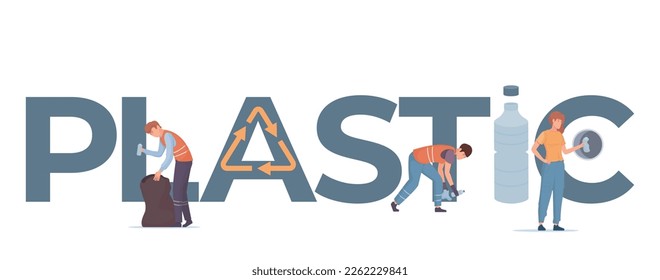 Plastic recycling produce composition of flat text and human characters gathering pet bottles on blank background vector illustration