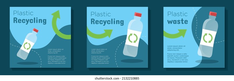 Plastic recycling social media post, banner set, save the earth advertisement concept, zero waste sustainable marketing square ad, abstract print, isolated on background.