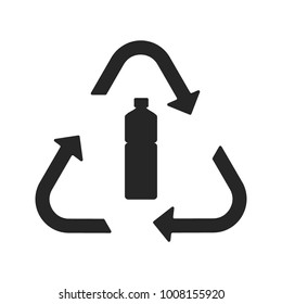 Plastic Recycling Symbol Flat Icon, Flat Design Of Black Arrow Sign With Plastic Bottle Inside Isolated On The White Background, Vector Illustration