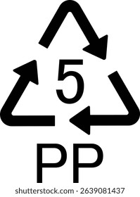 Plastic recycling symbol PP 5 , Plastic recycling code PP 5 ,  black design in trendy style. isolated on white background. industrial. vector illustration 
