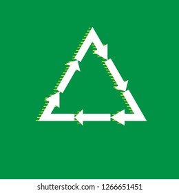 Plastic recycling symbol PVC 3 , Plastic recycling code PVC 3. Vector. White flat icon with yellow striped shadow at green background.