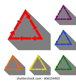 Plastic recycling symbol PVC 3 , Plastic recycling code PVC 3. Set of red, orange, yellow, green, blue and violet icons at white background with flat shadow.