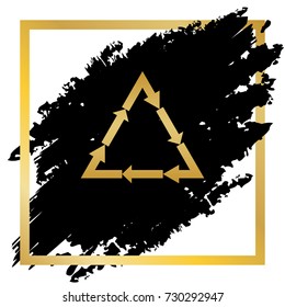 Plastic recycling symbol PVC 3 , Plastic recycling code PVC 3. Vector. Golden icon at black spot inside golden frame on white background.