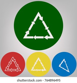 Plastic recycling symbol PVC 3 , Plastic recycling code PVC 3. Vector. 4 white styles of icon at 4 colored circles on light gray background.