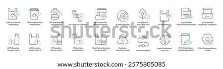 Plastic Recycling Symbols Icon Set for LDPE, Low-Density Polyethylene, HDPE, High-Density Polyethylene, PET, Polyethylene Terephthalate, PVC, Polyvinyl Chloride, PP, Polypropylene, PS, Polystyrene 