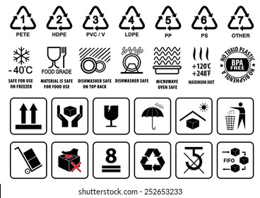 Plastic Recycling Symbols, Tableware Sign And Packaging Or Cardboard Symbols Illustration. 