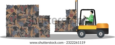 Plastic recycling worker drive hydraulic forklift to lift trash cube, garbage cube with recycle worker vector illustration, garbage recycling industry, website banner concept