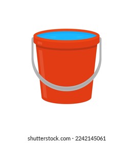 Plastic red bucket with water. Vector illustration.