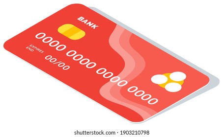 Plastic red credit card isolated on white background. Means of payment for non-cash payment. Online payment vector illustration. Cash withdrawal. Financial transactions and shopping. Debit bank card