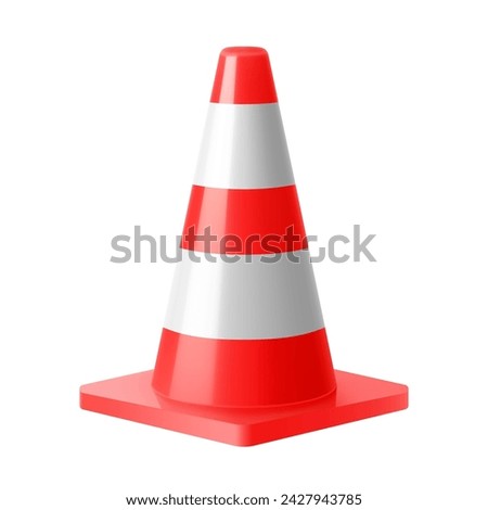 Plastic red road cone. White striped traffic cone isolated on white background. Safety traffic. Security warning. Realistic 3d vector illustration