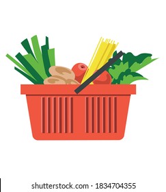 Plastic red shopping basket with grocery products, fresh fruit and vegetables, healthy organic food, isolated on white background, vector illustration