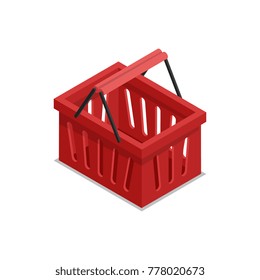 Plastic red shopping basket isometric 3D icon. Supermarket shopping symbol, retail and distribution isolated vector illustration.