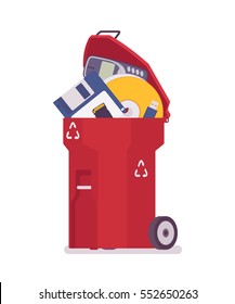 Plastic Red Trash Bin With Old Memory, Disk, Diskette, Useless Digital Information, Lack Of Storage Capacity, End Of Data Archiving, Delete And Cleaning