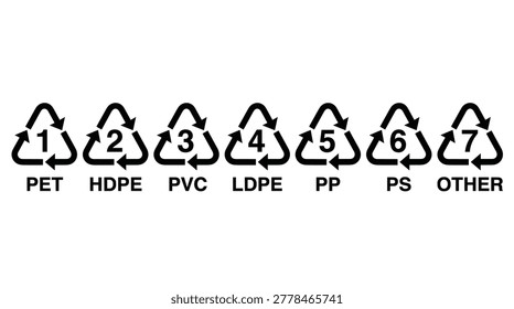 Plastic resin identification codes collection, flat symbol set, recycling materials, industrial plastics, and sustainability