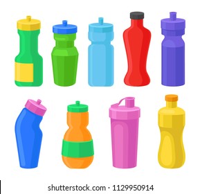 Botellas de agua reutilizables plásticas, botellas de bebidas coorosas para el fitness, portadores de proteínas vectoriales Ilustraciones sobre fondo blanco