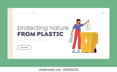 Plastic Reuse, Recycling Solution Landing Page Template. Female Character Throw Trash into Litter Bin Container with Bottle Sign. Woman Eco Activist Sorting Garbage. Cartoon Vector Illustration