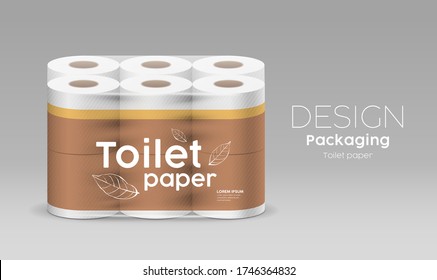 Plastic roll toilet paper one package twelve roll, leaf and brown design on gray background, vector illustration