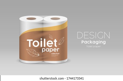 Plastic roll toilet paper packaging, leaf and brown design on gray background, vector illustration