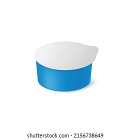 Contenedor de alimentos redondo de plástico con lámina cerrada, ilustración vectorial 3d realista aislado sobre fondo blanco. Modelo de modelo en blanco para alimentos o cosméticos. Cacerola redonda para mantequilla o yogur.