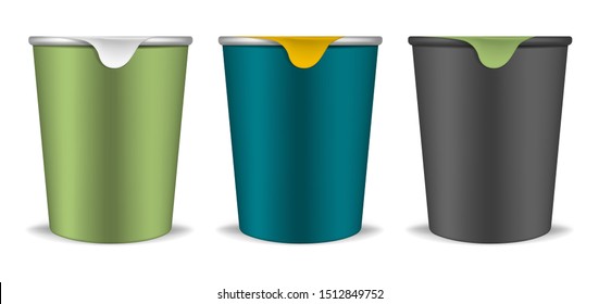 Plastic round food cup with tear off foil lid - front view, realistic vector mockup set. Yogurt color pots isolated on white background, template. Easy to recolor.