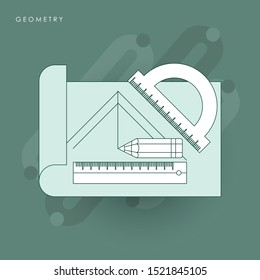 Plastic ruler instruments and school equipment. Vector illustration. Concept of line icon with green theme