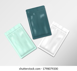 Plastic sachet packets with tear notches, vector mock-up. Individual packaging pouch, color mockup set. Easy to recolor.