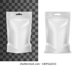 Plastic Sachet, Pouch Bag Realistic White Blank Mockup Template. Vector Isolate Doypack Sachet Or Pouch Bag With Hang Slot Hole, Candy Or Food Product Package Mock Up