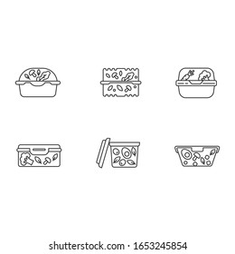 Plastic salad containers pixel perfect linear icons set. Customizable thin line symbols. Reusable food packages. Packed dinner. Take out meal storage. Vector isolated outline drawing. Editable strokes