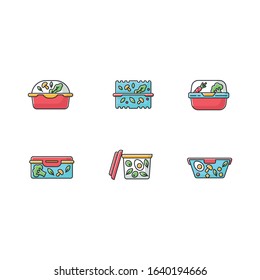 Plastic salad containers RGB color icons set. Reusable food packages. Lunch boxes. Packed dinner. Healthy nutrition. Take out meal storage, lunchboxes. Isolated vector illustrations