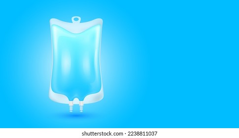 Bolsa salina de plástico azul aislado realista. vector 3D. Colágeno intravenoso con vitaminas goteo. Para publicidad médica y belleza de cuidado de la piel. Con espacio de copia para texto. 