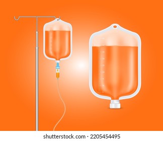 Plastic saline bag. Collagen skincare beauty. IV drip vitamins for health. Intravenous therapy with dropper. Medical concept. Isolated realistic on orange background 3D vector.