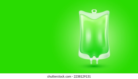 Bolsa salina de plástico verde aislada realista. vector 3D. Colágeno intravenoso con vitaminas goteo. Para publicidad médica y belleza de cuidado de la piel. Con espacio de copia para texto. 