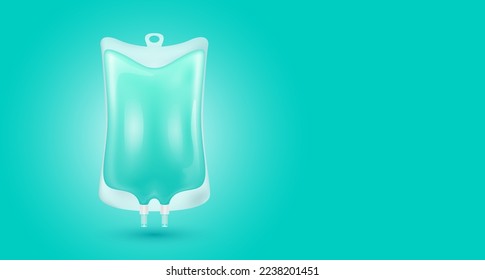 Bolsa salina de plástico verde aislada realista. vector 3D. Colágeno intravenoso con vitaminas goteo. Para publicidad médica y belleza de cuidado de la piel. Con espacio de copia para texto. 