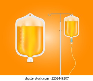 Plastic saline bag orange. Collagen skincare beauty. IV drip vitamin minerals for health. Intravenous therapy with dropper. Medical concept. Isolated realistic on solid background 3D vector.